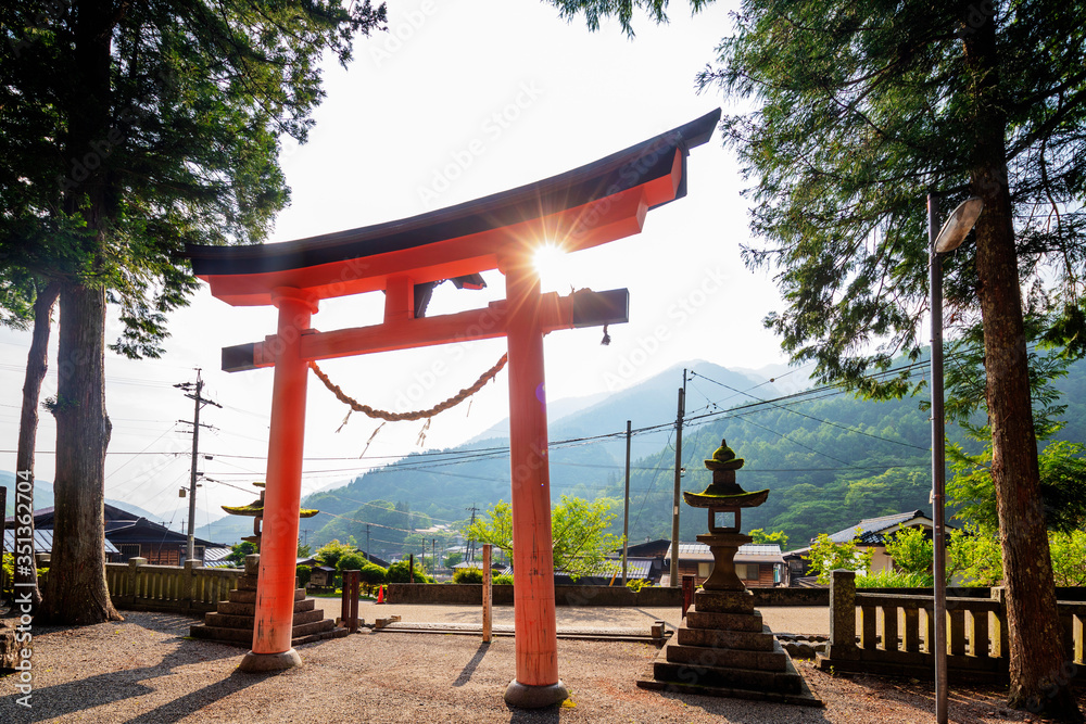 Tsumago Shrine torii gate, Nakasendo old post town of Tsumago, Nagano prefecture, Honshu, Japan, Asia Tsumago Shrine torii gate, Nakasendo old post town of Tsumago, Nagano prefecture, Honshu, Japan, Asia