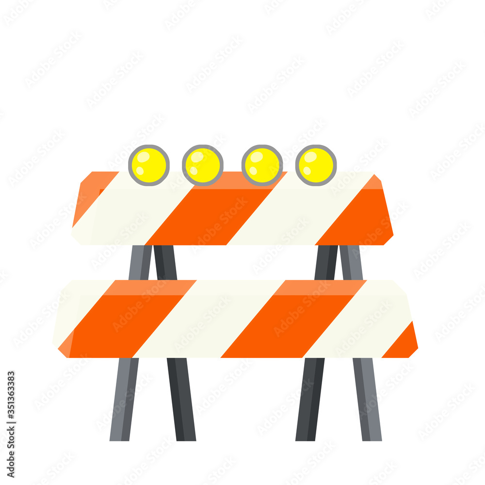 Road works. Forbidding sign and barrier. Building block of the highway. Danger zone. Cartoon flat illustration on white background Road works. Forbidding sign and barrier. Building block of the highway. Danger zone. Cartoon flat illustration on white background