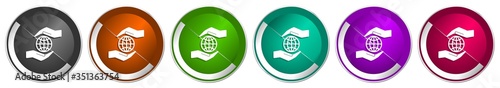 Hand care planet environment icon set, silver metallic chrome border vector web buttons in 6 colors options for webdesign