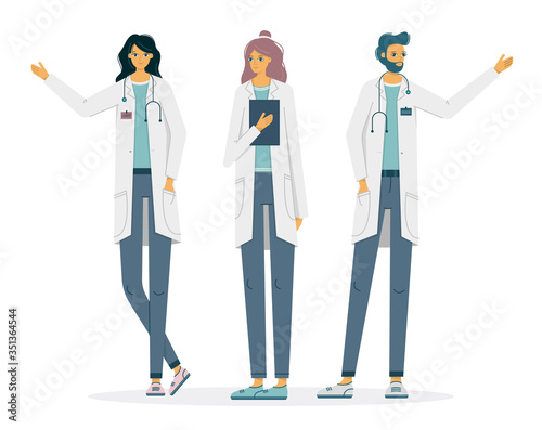 Three doctor persons are caucasian chestnut male and female medics giving a piece of advice consulting helping patients. Flat vector illustration set of hospital workers isolated.