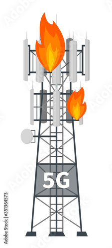 Flat vector illustration of fifth generation mast base stations on fire. Vandalism with 5G mobile data towers on white background, cellular equipment, telecommunication antennas and signal.