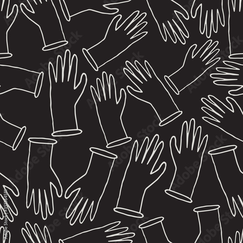 Seamless vector pattern with inverted white lined gloves on a black background. Vector pattern of colorful hands. Perfect for banners, backgrounds, badges, advertisements.