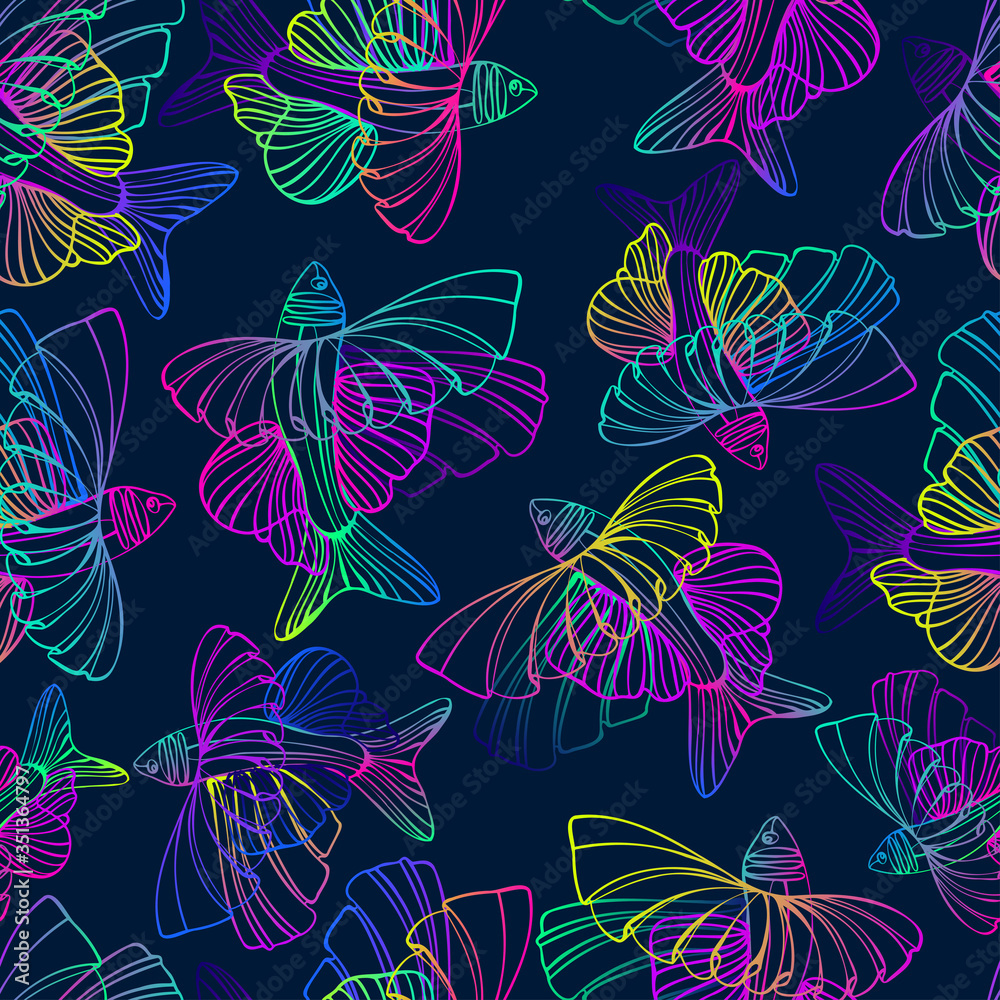 Vector seamless colorful pattern with bioluminescent abstract decorative fish in dark tones. The design is perfect for wallpaper, clothes, backgrounds, shirts, sweatshirts.