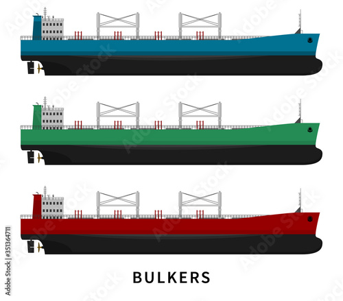 Black red green blue bulker ship isolated on white background. Flat vector illustration set of nautical vessel isolated floating in the ocean.Dry cargo with goods, import export transport industry.