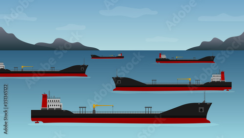 Ships with fuel, transport industry. Nautical vessel float off the coast of California, low demand for crude, global lockdown, crisis. Vector illustration of oil tankers floating in the coastline
