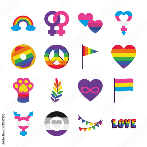 queer symbols and LGBT pride icon set, flat style