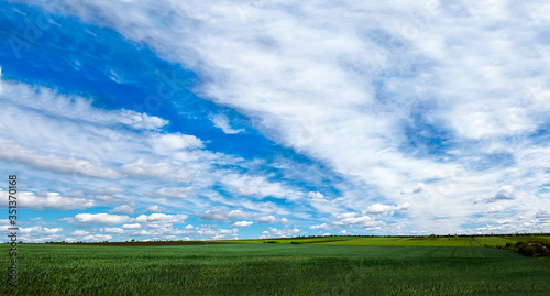 Blue sky with beautiful clouds and green field. Seamless HDRI panorama 360.