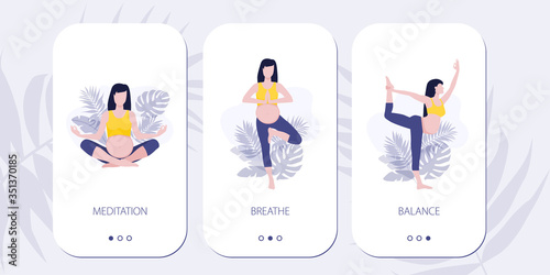 Vector mobile site or mobile app onboarding screens for yoga lovers. Yoga asana poses for woman expecting a baby. Healthy pregnance concept. Pregnant woman doing yoga exercises and yoga poses.