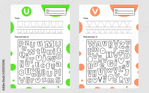 Set trace letter worksheet a4 for kids preschool and school age. Game for children. Find and color.