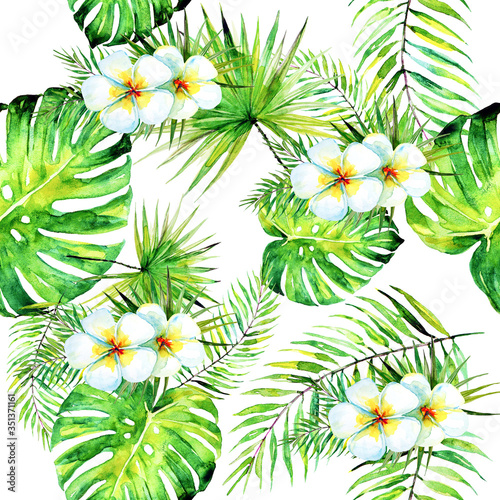 palm leaves pattern, watercolor on a white