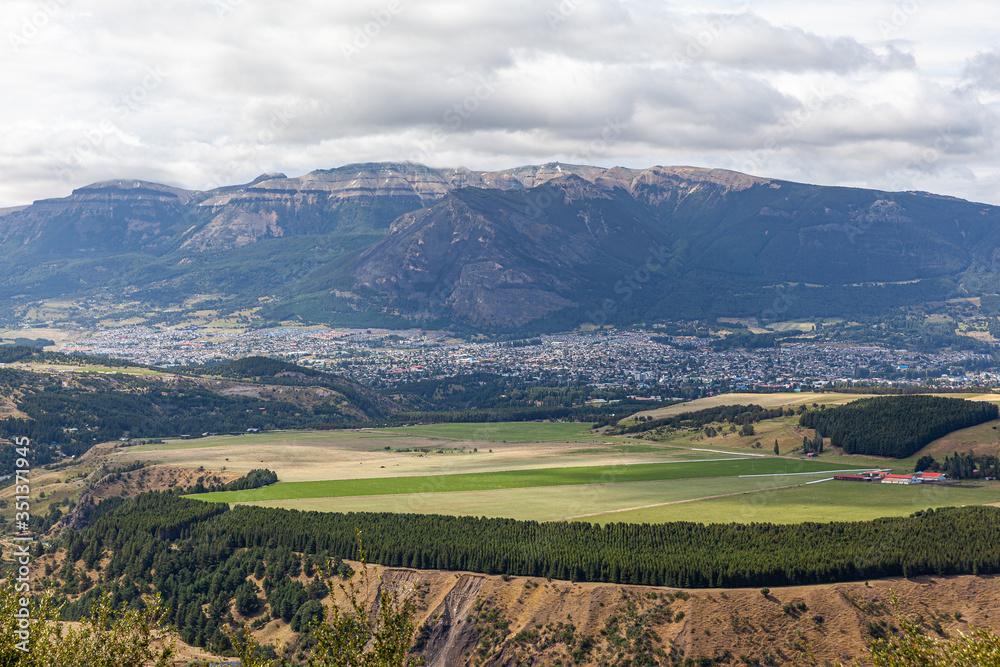 View of mountains and the city of Coyhaique, Aysén, Chile