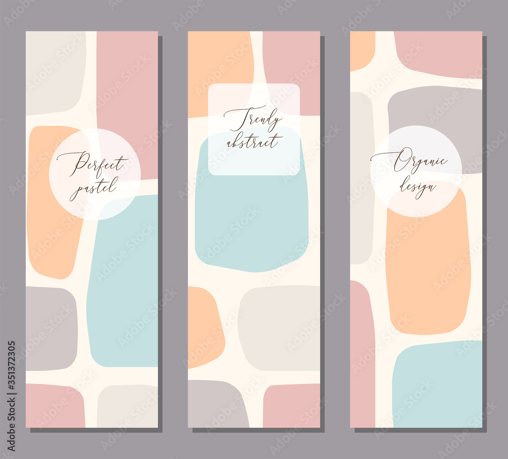 Set of beautiful feminine vertical banner template with minimal abstract organic shapes composition in trendy contemporary collage style