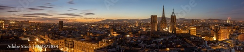 Barcelona - The panorma of the city with the old Cathedral in the centre at eveningdusk.