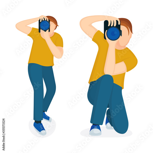 Young male photographer character shooting with professional camera. Photographer covering face with the camera and taking photo. Part of set.