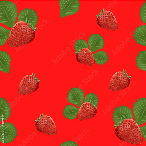 Fototapeta Naklejka Na Ścianę i Meble -  Background element. Template. Strawberry and green leaf. Pattern. Red background.