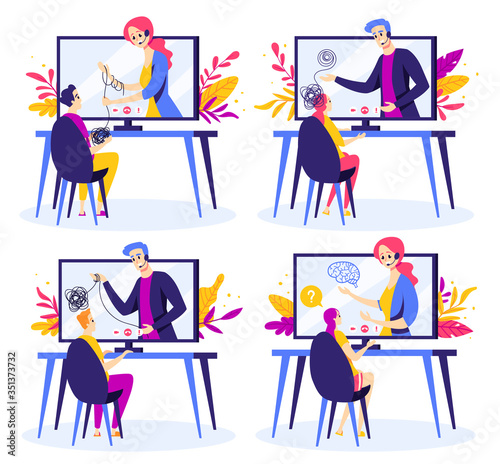 Set of psychologists help people unravel mental disorder treatment. Psychologist online service, private counseling. Psychology. Vector illustration in cartoon style. Isolated on white background