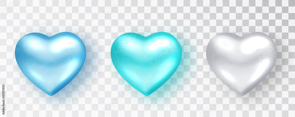 Hearts set shades of blue color for Valentine s day design isolated background a transparent background. Realistic decoration. Vector illustration. Love concept
