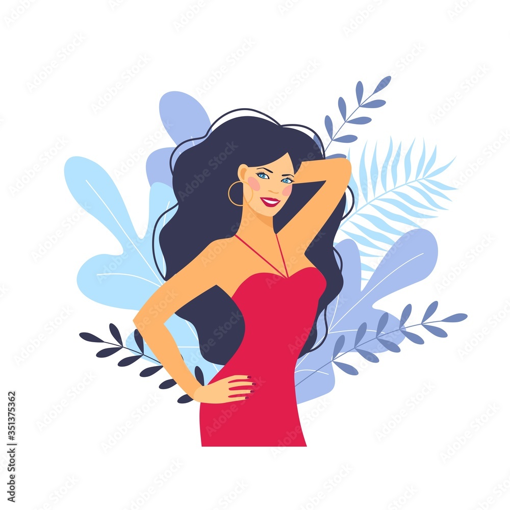 Happy beautiful woman. Decorated beautiful leaves. Woman with floral elements Happy beautiful woman. Decorated beautiful leaves. Woman with floral elements