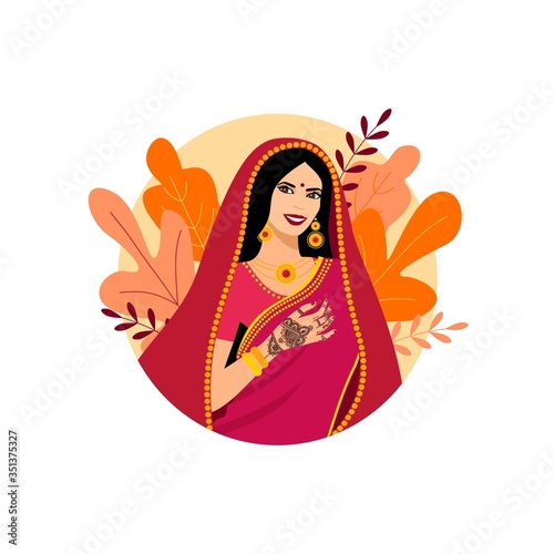 Beautiful Indian brunette young woman in sari. Hands with mehndi pattern. Decorated beautiful leaves. Indian woman with foliage elements