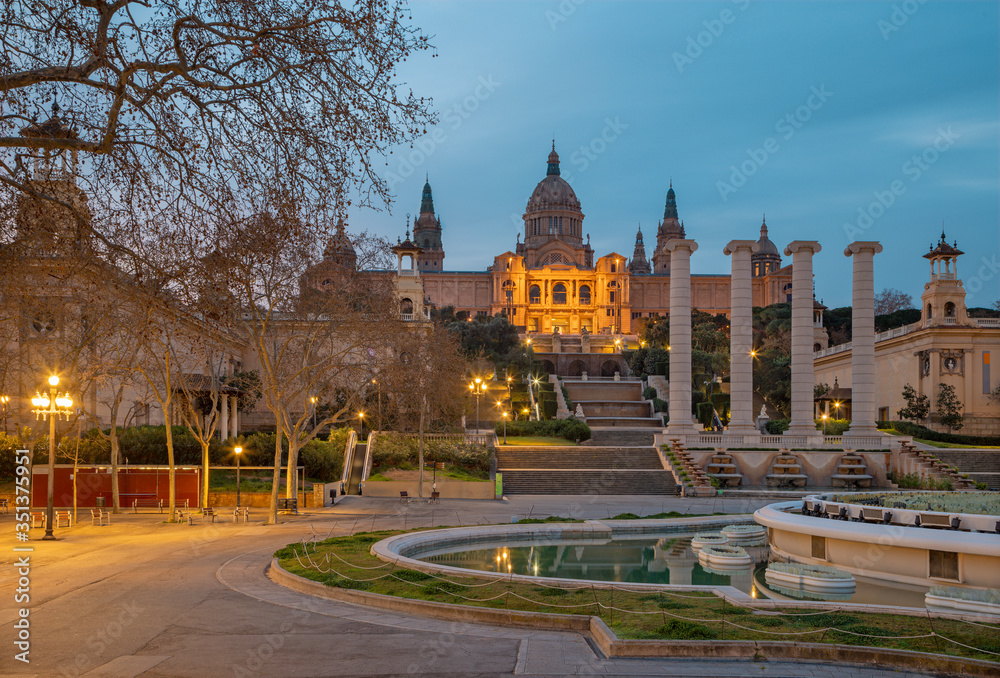 Barcelona - The Palace Real from the Plaza Espana at the dusk.