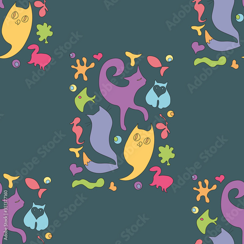 children funny doodle seamless pattern with figurines of animals and fish