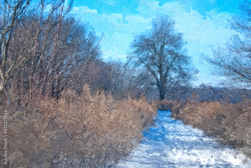 Impressionistic Style Artwork of a Snow Covered Trail Winter Marsh Impressionistic Style Artwork of a Snow Covered Trail Winter Marsh