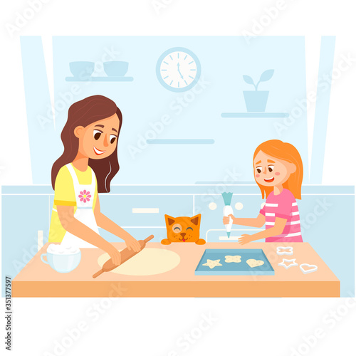 Mother and daughter make cookies together on the kitchen. Home illustration