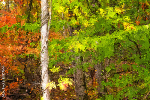 Impressionistic Style Artwork of Autumn Colors Hidden Deep in the Green Forest