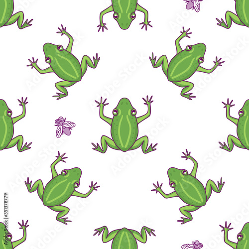 Frog with fly seamless pattern. Vector Hand drawn green character illustration isolated on white background. Cartoon froggy print