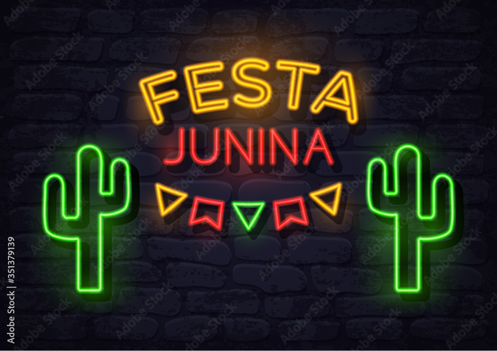 Obraz premium Festa Junina Brazil june festival neon holiday banner, glow greeting card. Fertility festival in Latin America. Vector illustration