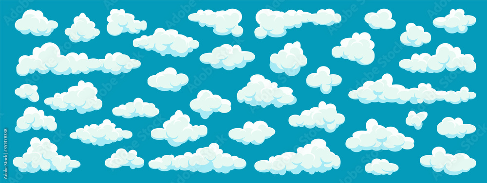 Naklejka White clouds set. Abstract blue summer sky. Simple cartoon cloud. Vector illustration.