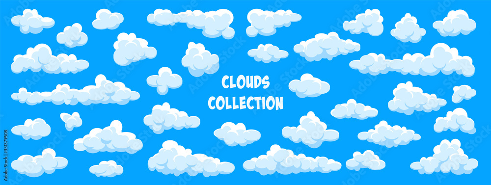 White clouds set. Abstract blue summer sky. Simple cartoon cloud. Vector illustration. White clouds set. Abstract blue summer sky. Simple cartoon cloud. Vector illustration.