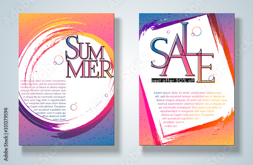 Banner poster Summer Sale flyer on a bright gradient background Set Modern youth concept for ads music party sale Trendy colorful gradient background Poster flyer cover summer color youth theme Vector