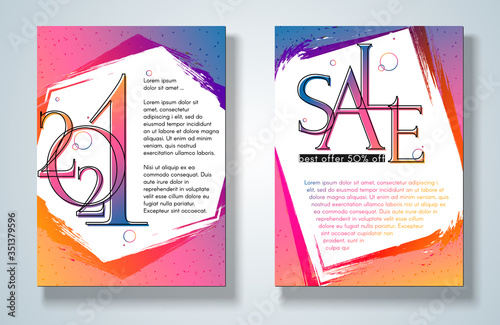 Banner poster 2021 Sale on a bright gradient background Set Modern youth concept for ads 2021 New Year party sale Trendy colorful gradient background Poster flyer cover summer color youth theme Vector