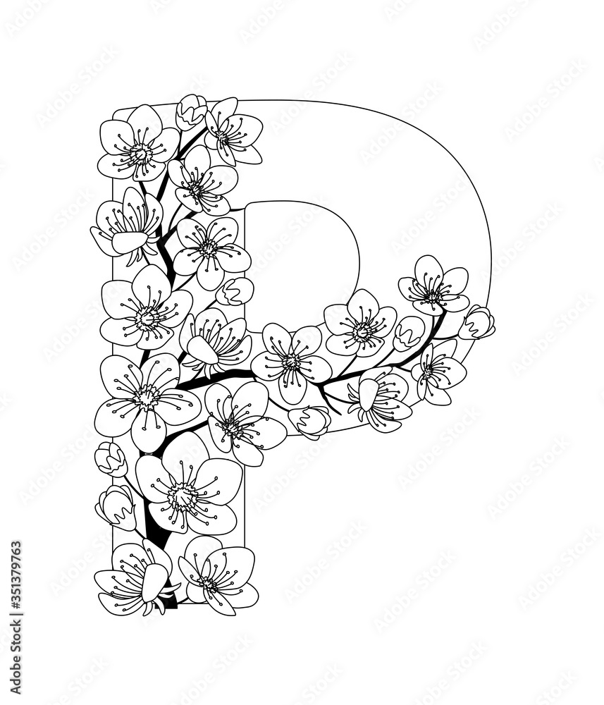 Capital letter P patterned with contour drawn sakura twig