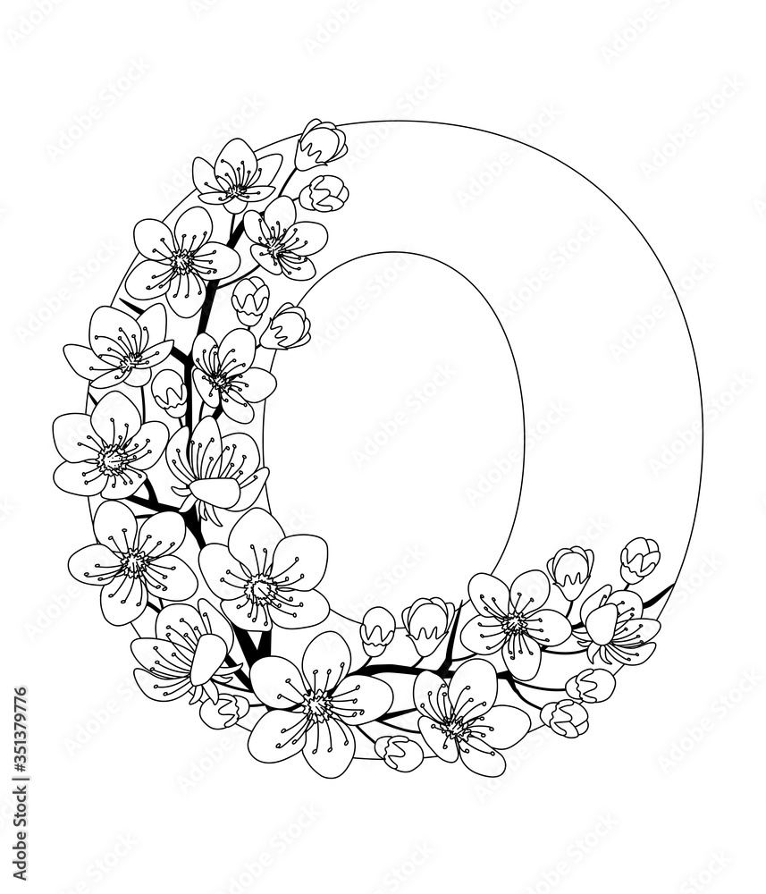 Capital letter O patterned with contour drawn sakura twig Capital letter O patterned with contour drawn sakura twig