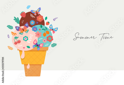 Summer scene with ice cream cone, sundae with flowers, fruits and butterflies 