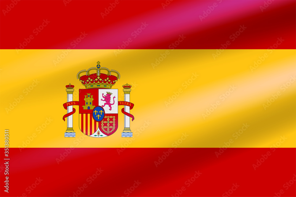 Realistic Spanish Flag developing in the wind with coat of arms with crowns, a lion and a castle on the background of a shield. Flat vector emblem Realistic Spanish Flag developing in the wind with coat of arms with crowns, a lion and a castle on the background of a shield. Flat vector emblem