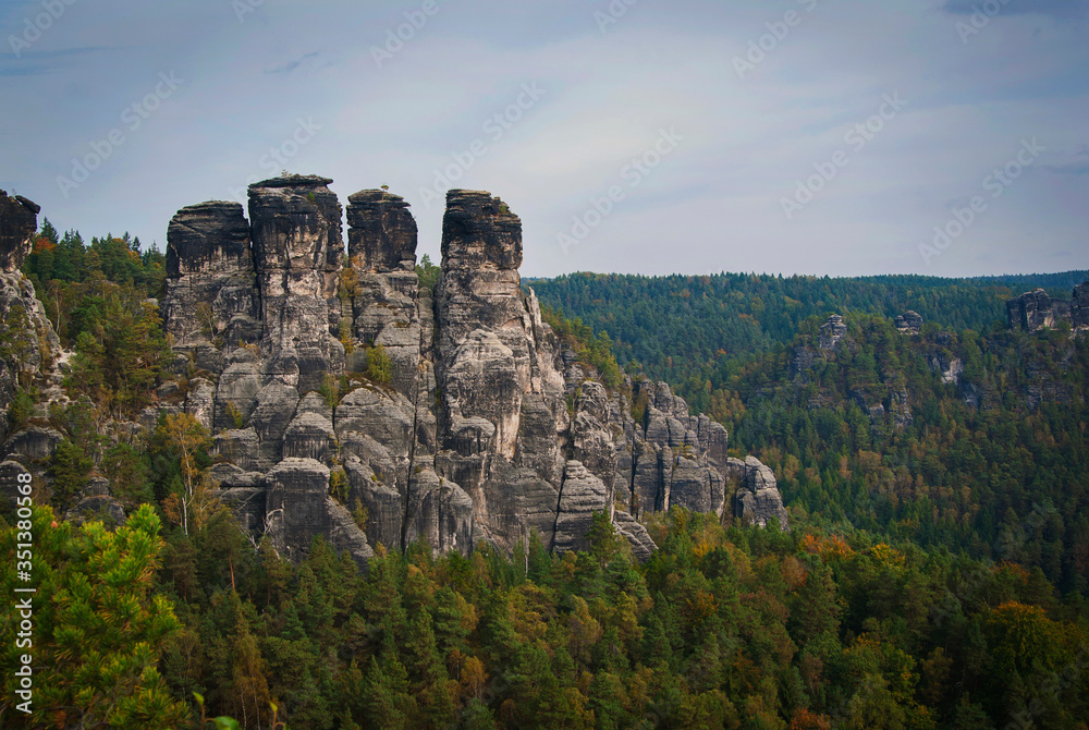 The Bastei rocks in Saxon Switzerland National Park near Dresden, Germany on a sunny autumn day.