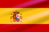 Realistic Spanish Flag developing in the wind with coat of arms with crowns, a lion and a castle on the background of a shield. Flat vector emblem