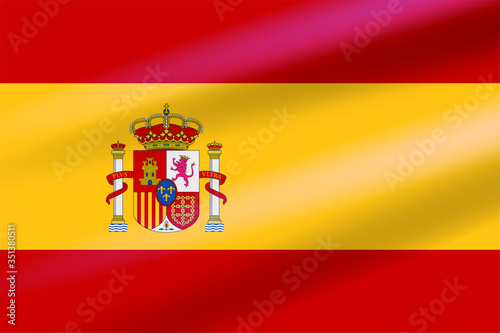 Realistic Spanish Flag developing in the wind with coat of arms with crowns, a lion and a castle on the background of a shield. Flat vector emblem