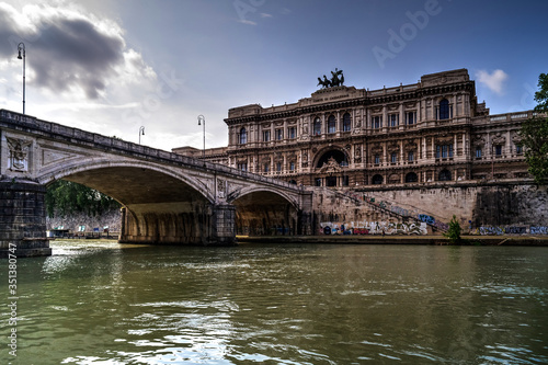 Rome, Italy: in the background the building of the Court of Cassation, on the left the Umberto bridge, in close up the Tiber river.