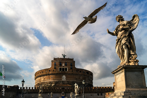 Rome, Italy: in the background Castel Sant'Angelo, on the right in close up an angel of  Sant'Angelo bridge  and a seagull in flight photo