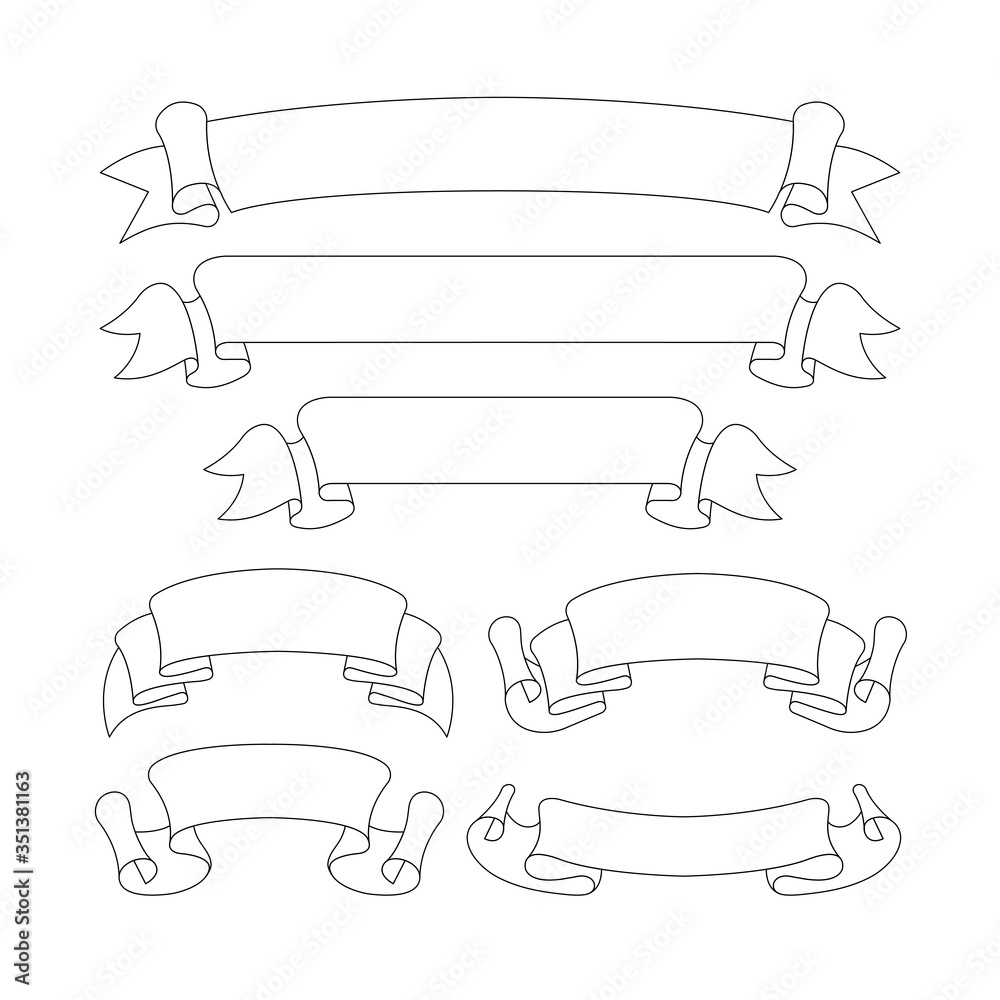 Ribbons and banners. Outline vector ribbons. Old style tapes illustrations set. Scroll elements.