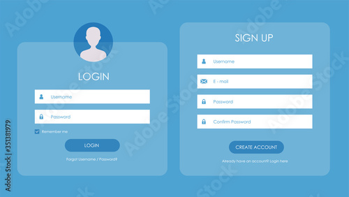 Registration form and login form page. Vector template for your design. Website ui concept.