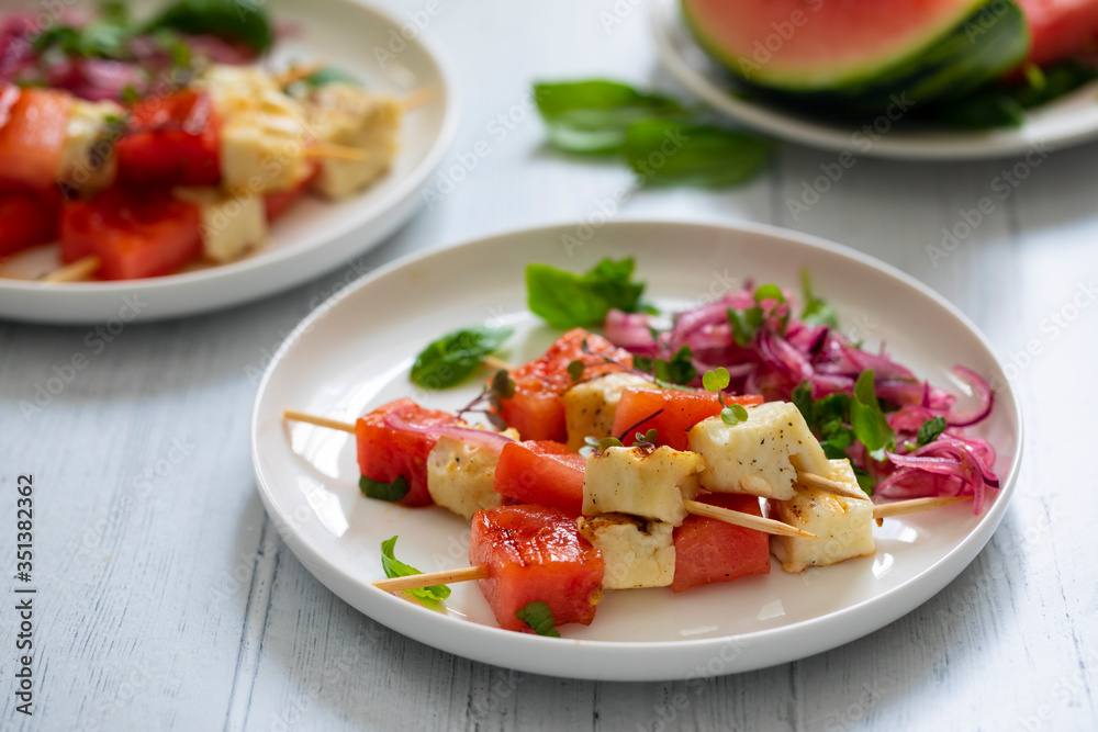 Grilled halloumi cheese and watermelon skewers Grilled halloumi cheese and watermelon skewers