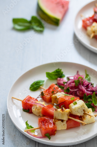 Grilled halloumi cheese and watermelon skewers