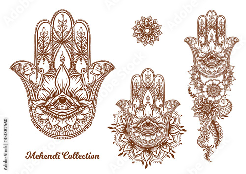 Ornate hand drawn hamsa set. Popular Arabic and Jewish amulet. Vector illustration. Outline vector illustration, isolated on white background.