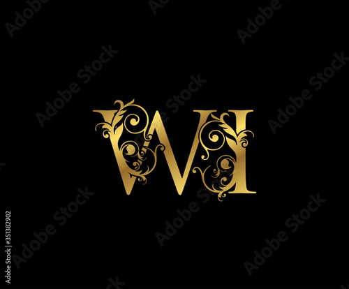 Classy Gold letter W, I and WI Vintage decorative ornament emblem badge, wedding logo, classy letter logo icon.