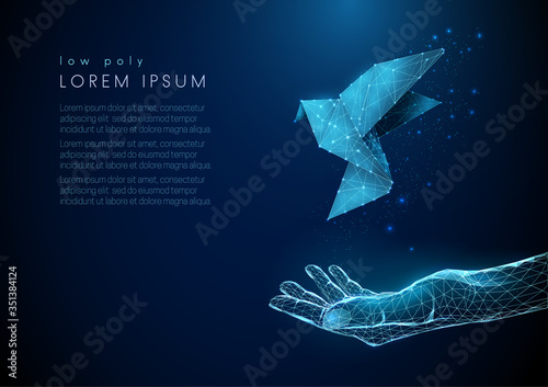 Abstract open hand with flying paper bird